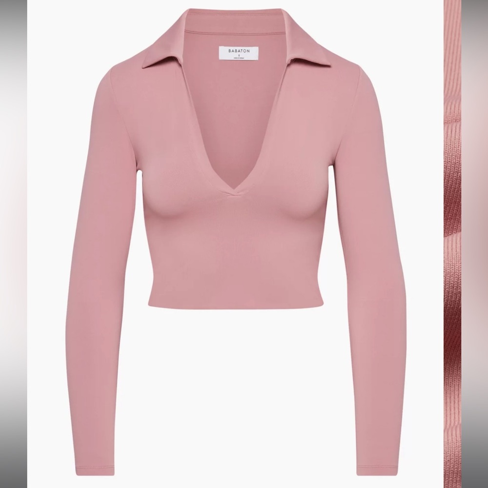 NWT Aritzia Babaton Contour Polo Ashy Pink M Long Sleeve Crop Top